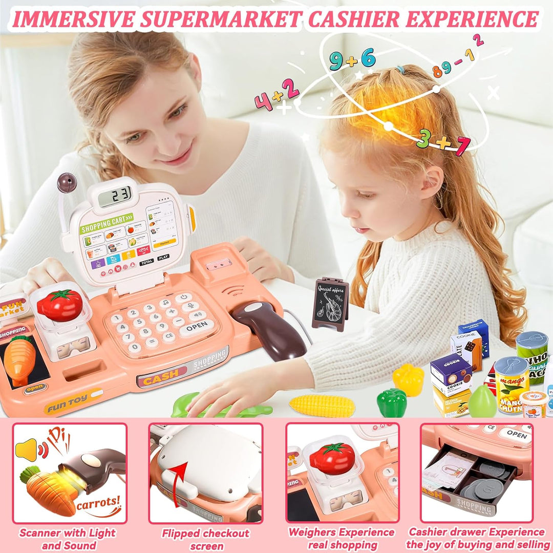 Kinder Spielkasse mit Scanner und Sound, Kaufladen-Spielzeugkasse, 72 Zubehör (Rechner, POS, Spielge
