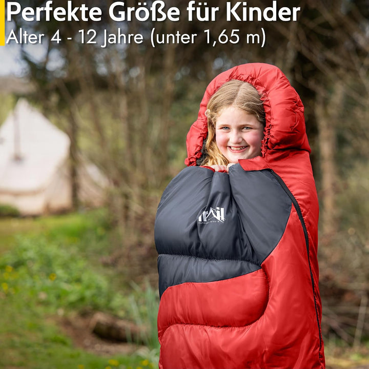 Trail Schlafsack Kinder Mumienschlafsack als Schlafsack 3 Jahreszeiten für Camping – 300gsm – für Ju