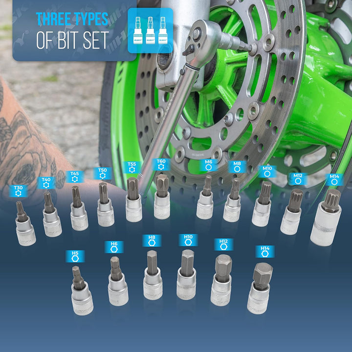 HASKYY Drehmomentschlüssel Set 3/8" 5-60Nm Motorrad Chopper Custom-Bike mit viel Zubehör wie Verläng