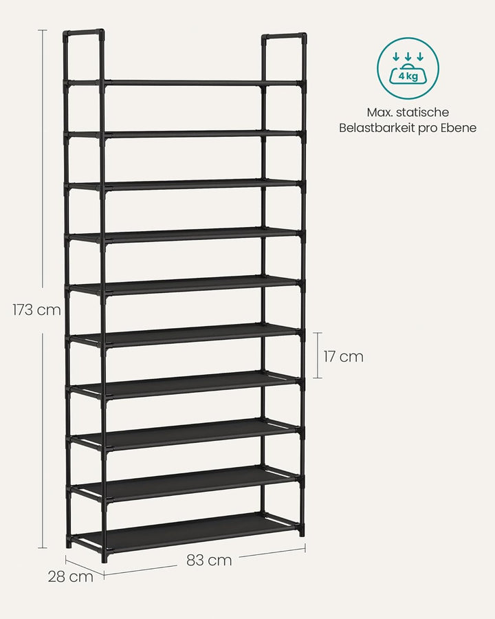 SONGMICS Schuhregal, 10 Ebenen, Schuhablage, Schuhaufbewahrung, schmal, 28 x 83 x 173 cm, Metallgest