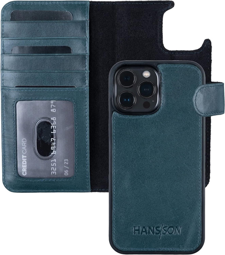 HANS/SON Hülle aus Echtleder mit Kartenfächern in Petrol | Blaue iPhone 13 Pro Max Klapphülle | Geld