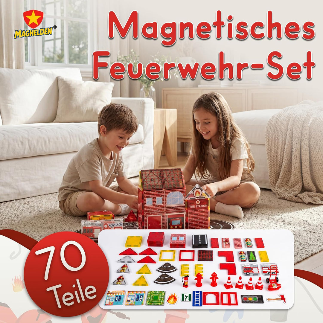 Magnetische Bausteine Feuerwehrstation 70 Teile - Magnetbausteine & Magnetspiel mit integrierten Fig