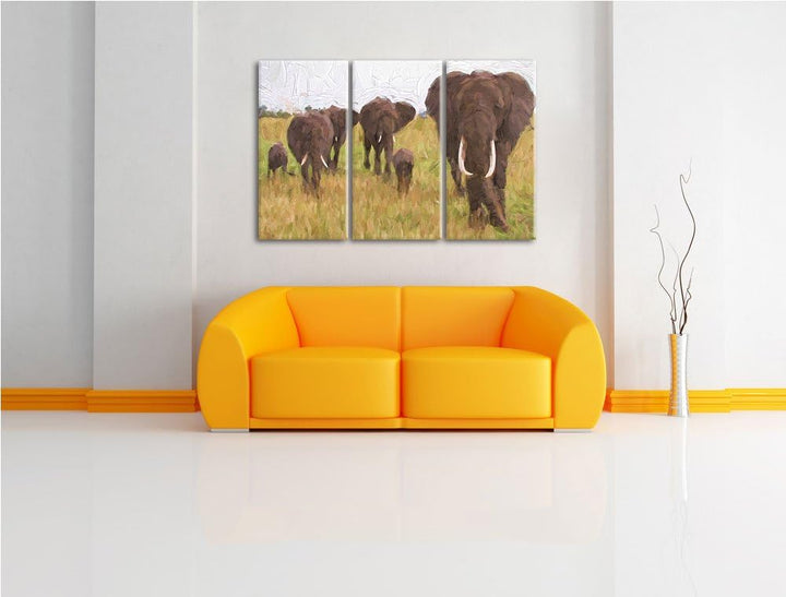 grosse wandernde Elefantenhorde NewArt 3-Teiler Leinwandbild 120x80 Bild auf Leinwand, XXL riesige B