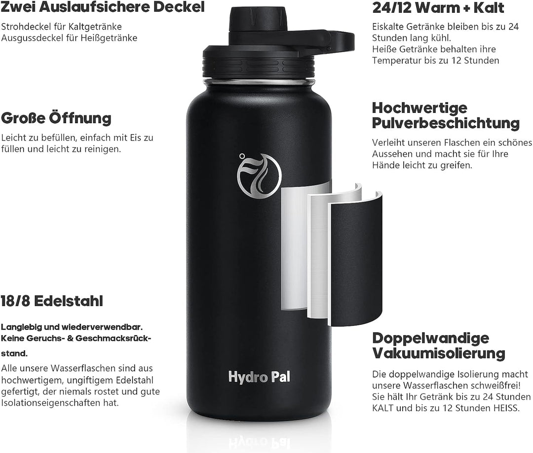 HydroPal Edelstahl Trinkflasche - 750ml, 1L, 1,2L, BPA-Frei, Kohlensäure geeignet, Isolierte Thermos