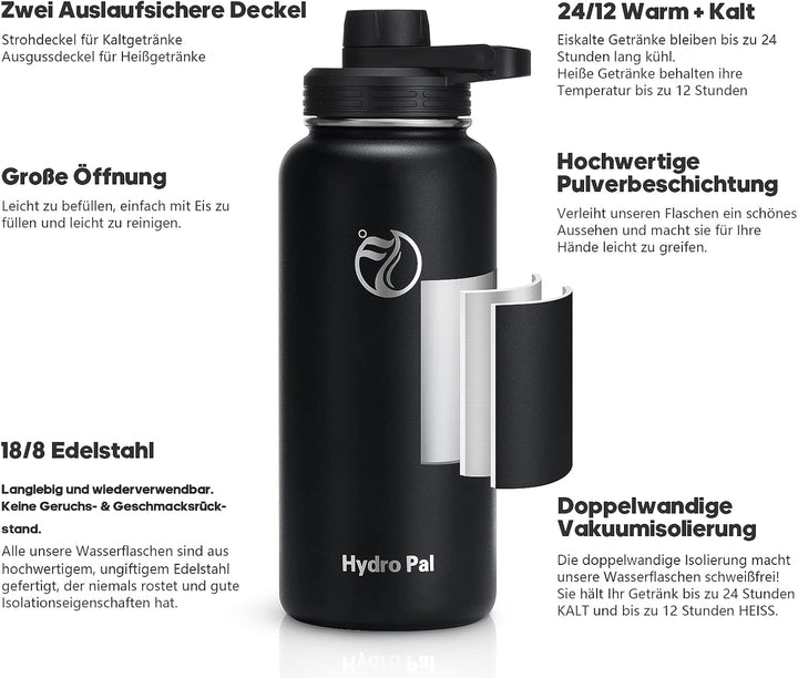 HydroPal Edelstahl Trinkflasche - 750ml, 1L, 1,2L, BPA-Frei, Kohlensäure geeignet, Isolierte Thermos