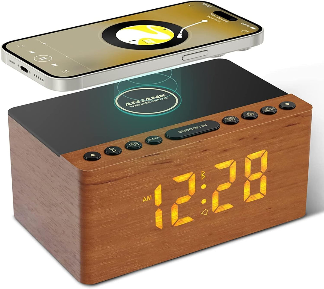 ANJANK Hölzerner Bluetooth-Lautsprecher Radiowecker Digital,Kabellose Ladestation für iPhone/Samsung