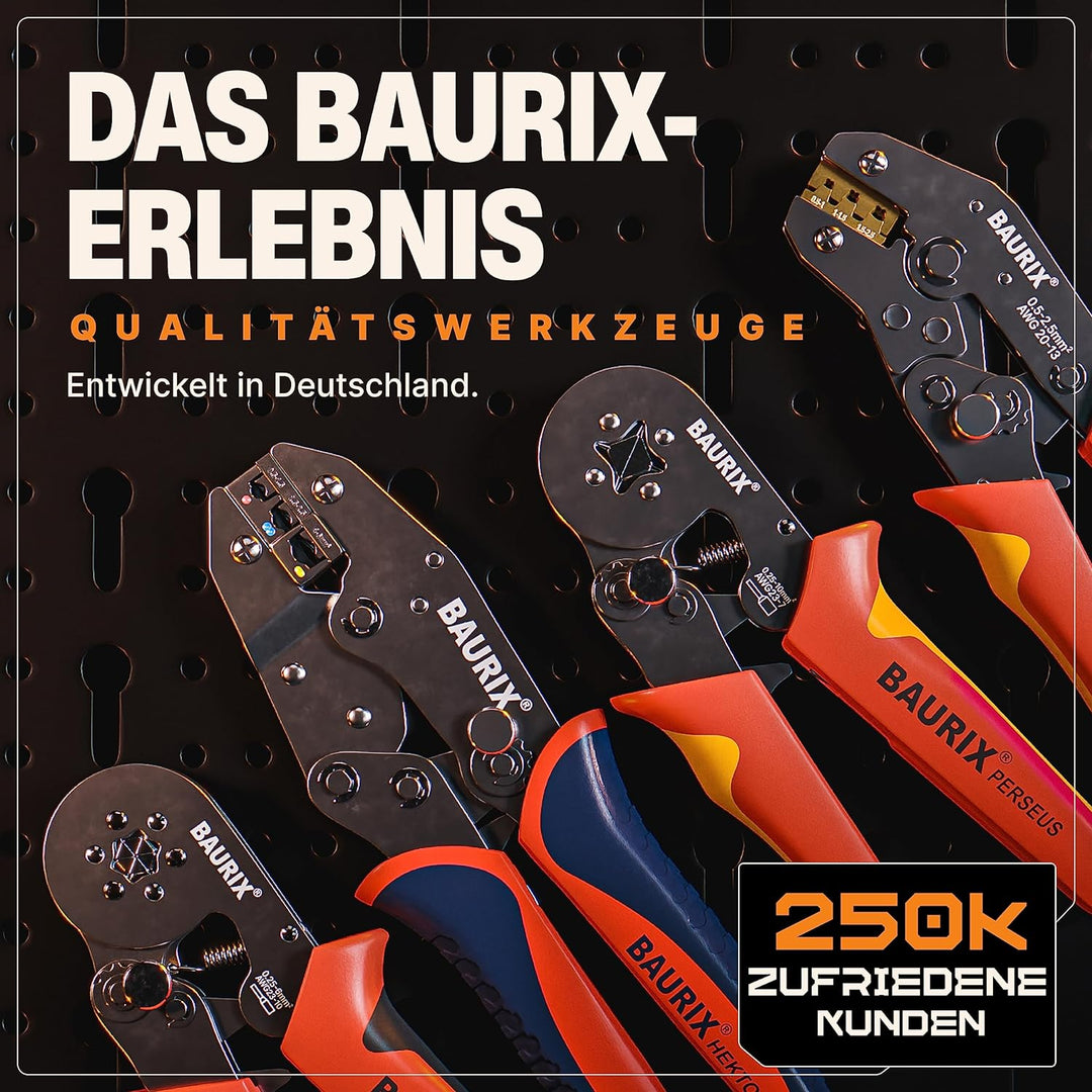 BAURIX® Crimpzange inkl. 300 Stück Flachsteckhülsen Set I Krimpzange für 0,50-2,50 mm² Steckverbinde