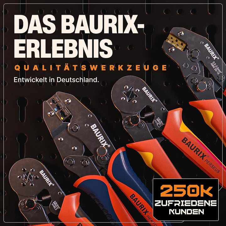BAURIX® Crimpzange inkl. 300 Stück Flachsteckhülsen Set I Krimpzange für 0,50-2,50 mm² Steckverbinde