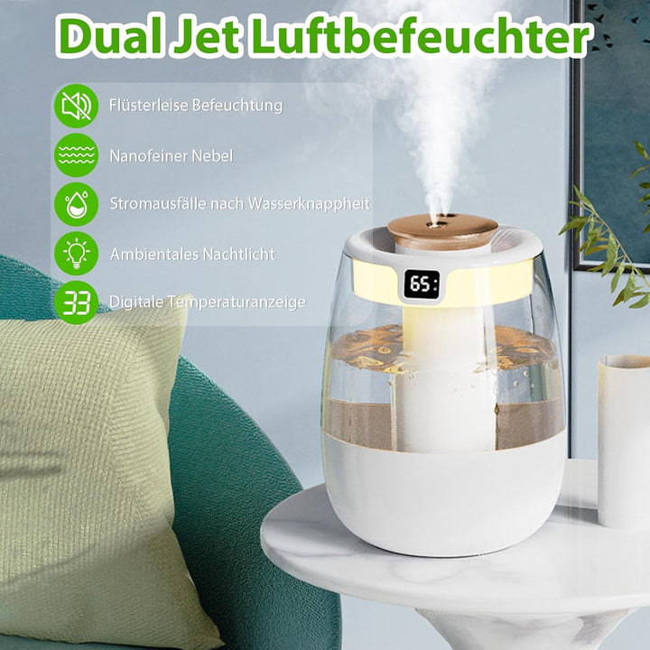 Luftbefeuchter, 1L Leise Humidifier mit 2 Loch, Luftbefeuchter mit leiser USB-Digitalanzeige, 2 Nebe