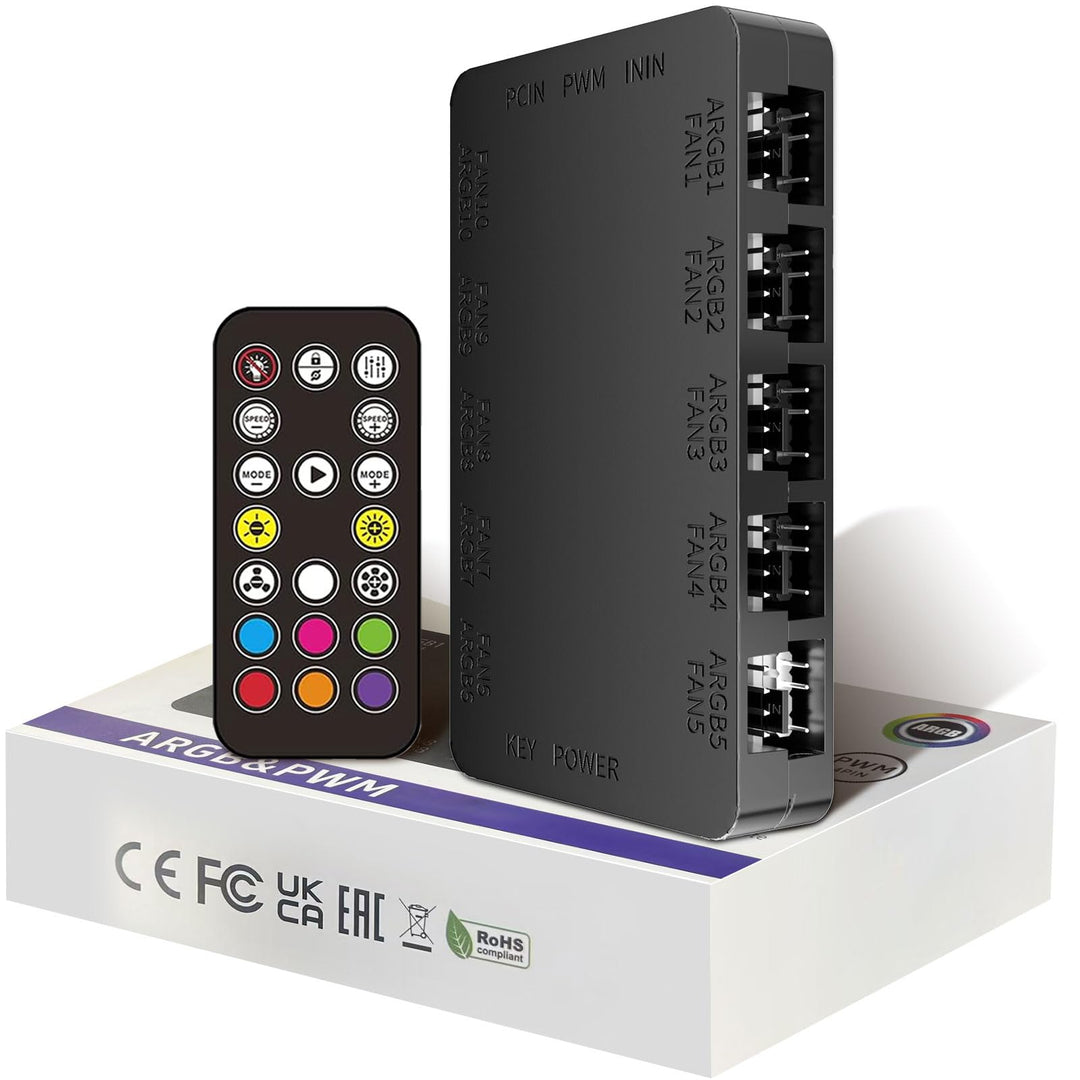 2-in-1 ARGB PWM Lüfter-Hub mit Controller, 10 x 4-Pin PWM Lüfter-Anschlüsse, 10 x 5V 3-Pin ARGB Port