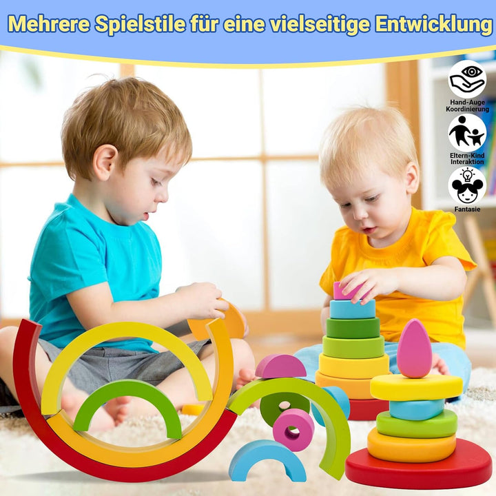 RunHero 3-in-1 Montessori Stapelspielzeug Holzbausteine Regenbogen Motorikspielzeug Grimms Bauklötze