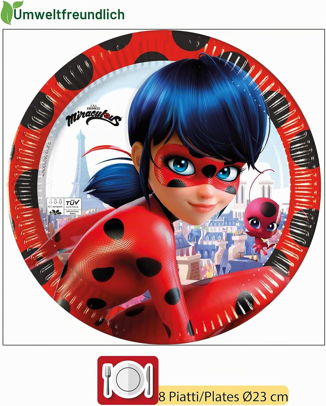 Partygeschirr Party-Set Miraculous Ladybug für 8 Personen (36 pcs: 8 Pappteller Ø23cm, 8 Becher 200m