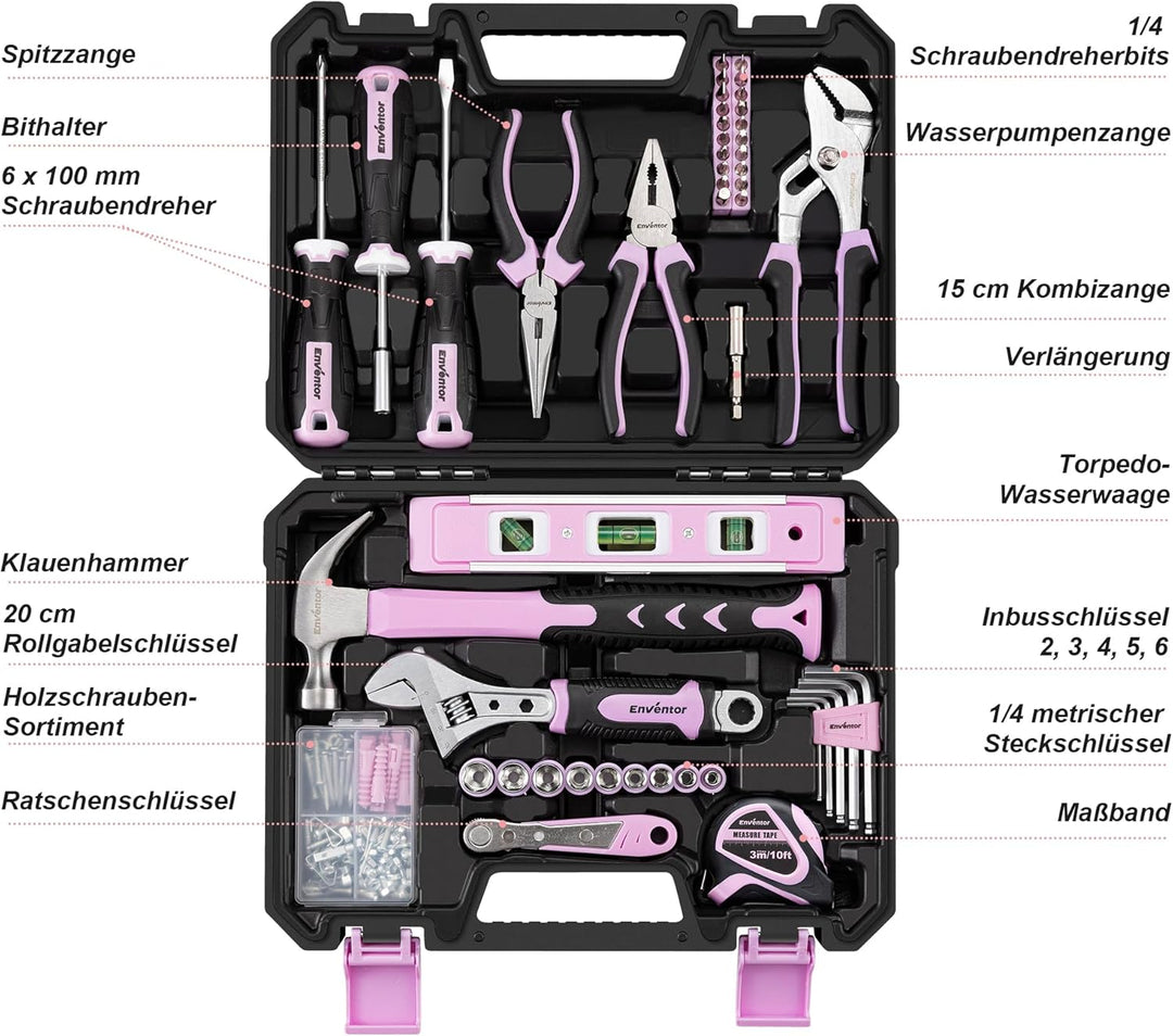 ENVENTOR Kleiner Werkzeugkoffer für Frauen, Haushalts Werkzeug-Set, Werkzeugkasten Rosa, Universal K