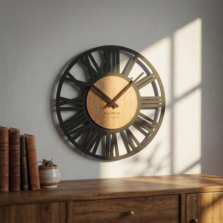FLEXISTYLE Wanduhr gross Adulto 50cm Durchmesser LOFT Retro aus Holz Eiche ohne tickgeräusche Wohnzi