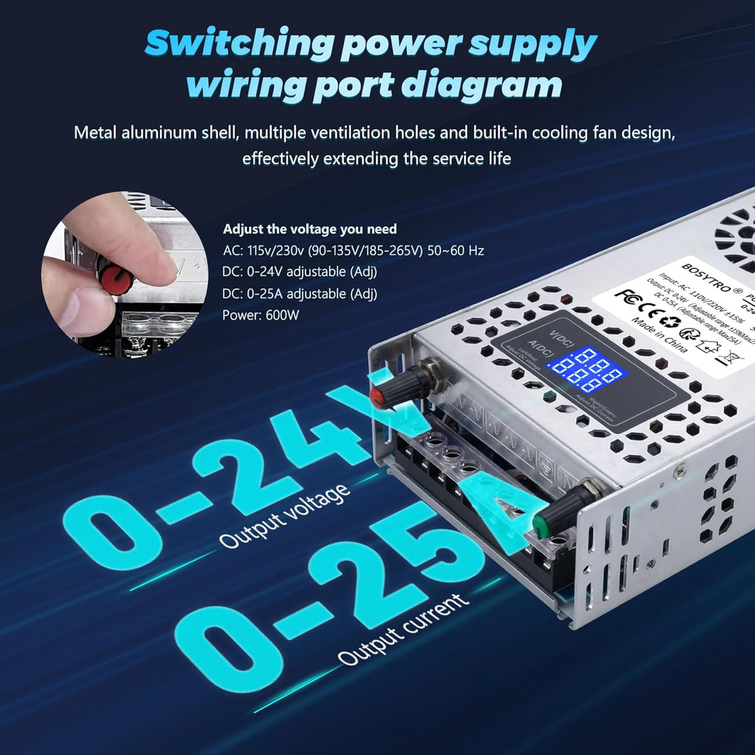 BOSYTRO Einstellbar Schaltnetzteil AC 110V/220V to DC 0-24V Transformator 25A 600W Spannung Digitala