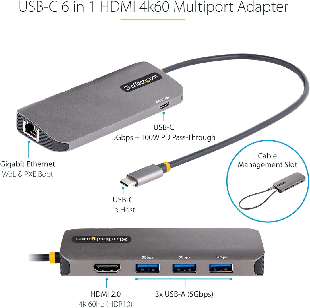 StarTech.com USB C Multiport Adapter, USB C auf HDMI Adapter 4K 60Hz, 5Gbit/s USB-A 3.0 Hub, 100W Po