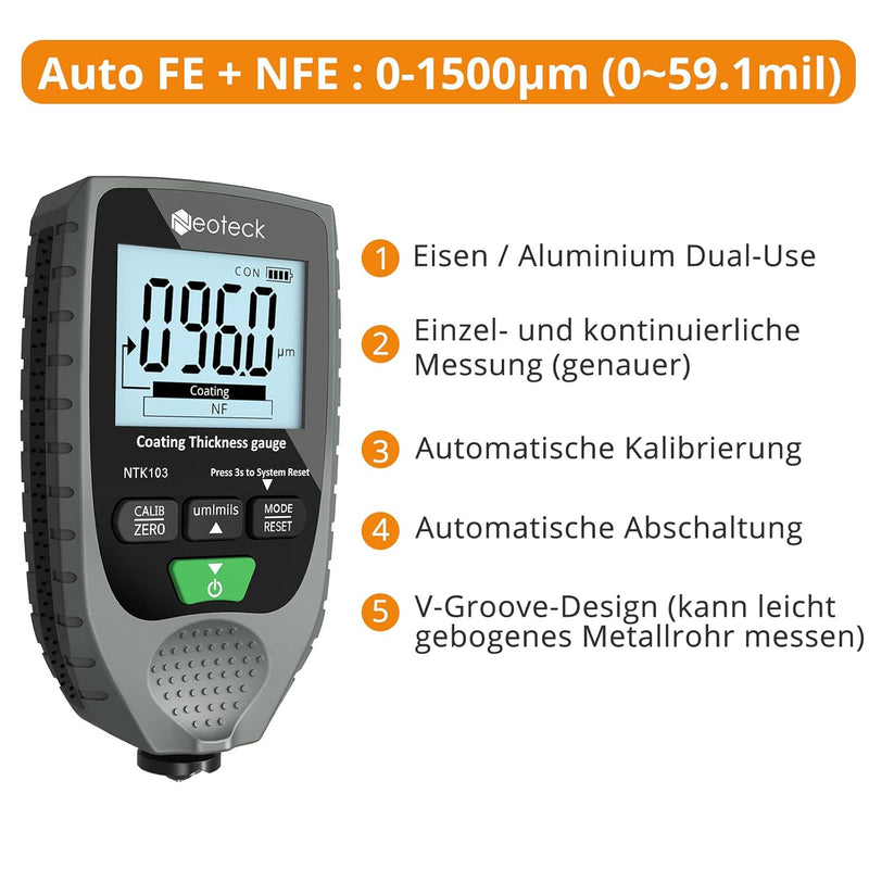 Neoteck Autolack-Schichtdickenmessgerät Handheld mit LCD-Display Hintergrundbeleuchtung für Stahl- u