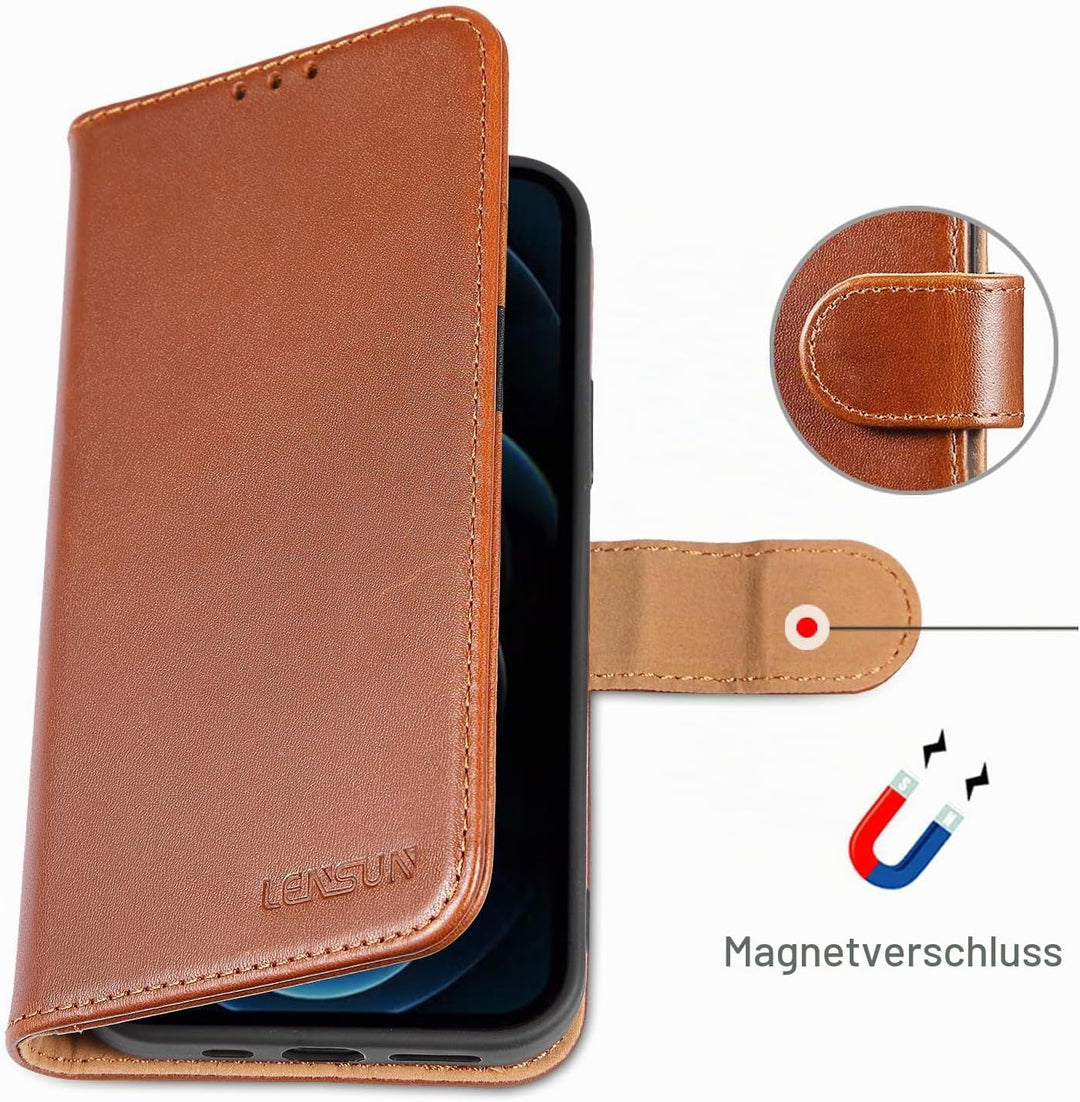 LENSUN Echtleder Hülle für iPhone 12, iPhone 12 Pro Handyhülle Echtes Leder Etui [Kartenfach][RFID B