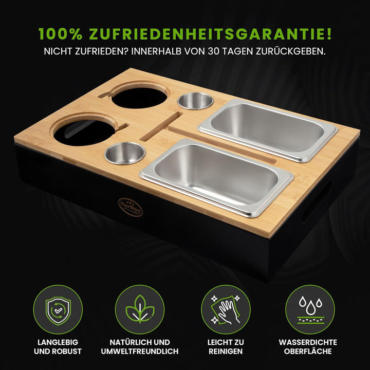 Couchbar Snackbox für 2 aus Bambus – Snackbar Sofatablett mit Getränkehalter & 2 Snackschalen – Couc