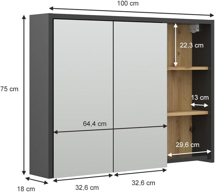 Vicco Badspiegelschrank Viola, Anthrazit/Eiche, 100 x 75 cm, Artisan-eiche