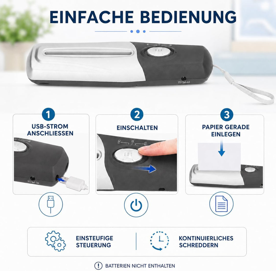 Tragbarer Elektrischer Mini-USB-Aktenvernichter, manueller Aktenvernichter mit USB-Akku für Zuhause,