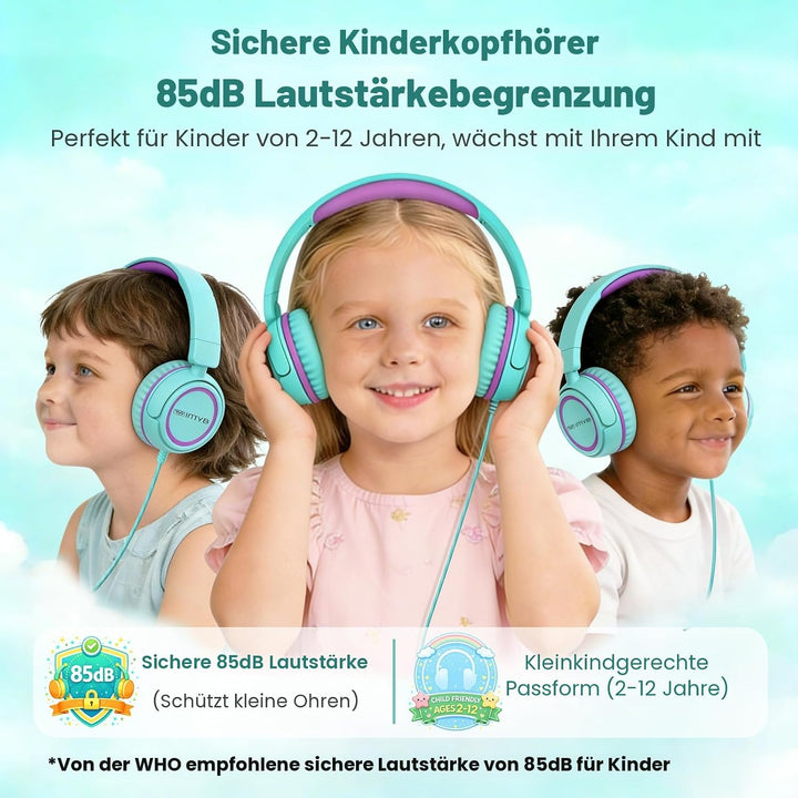 Kinder kopfhörer, Kopfhörer für Kinder mit Kabel, faltbar, Stereo Sound, Sichere Lautstärkebegrenzun