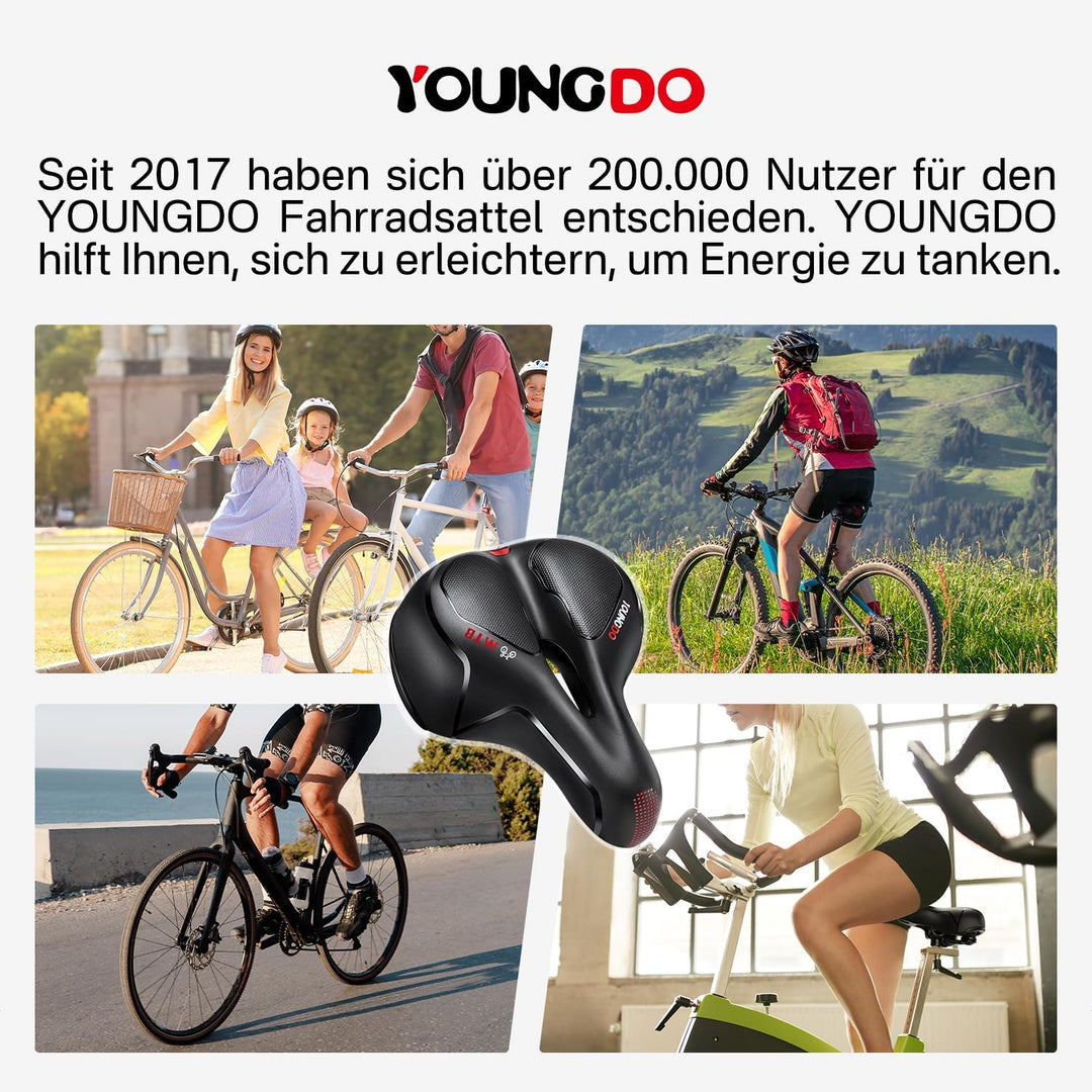 YOUNGDO Fahrradsattel, Gel Fahrradsitz, breiter, weicher, komfortabel atmungsaktiv stossdämpfend, Er