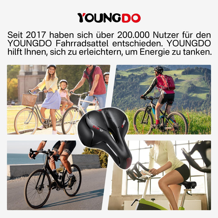 YOUNGDO Fahrradsattel, Gel Fahrradsitz, breiter, weicher, komfortabel atmungsaktiv stossdämpfend, Er