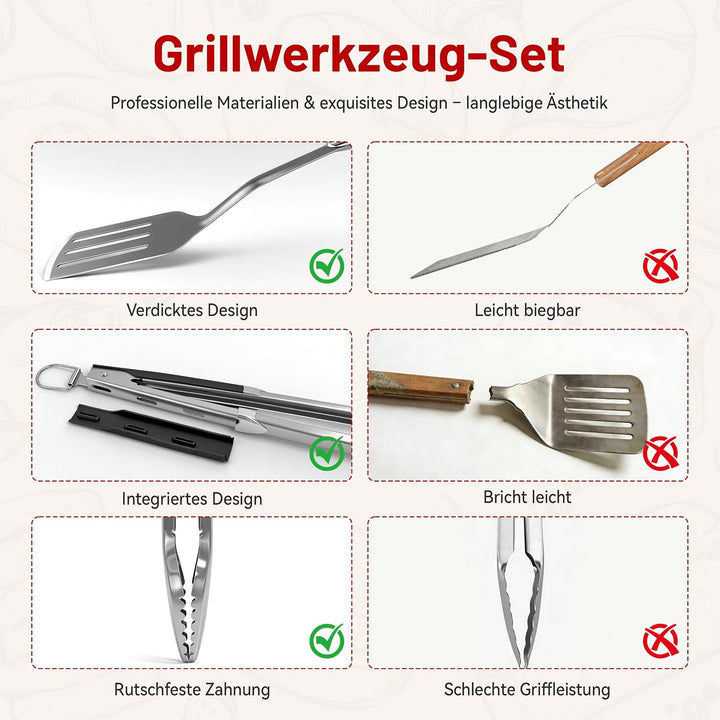 KEYO Kompakt Grillbesteck, 3-teilig aus Edelstahl, Bestehend aus Grillzange, Grillwender und Fleisch
