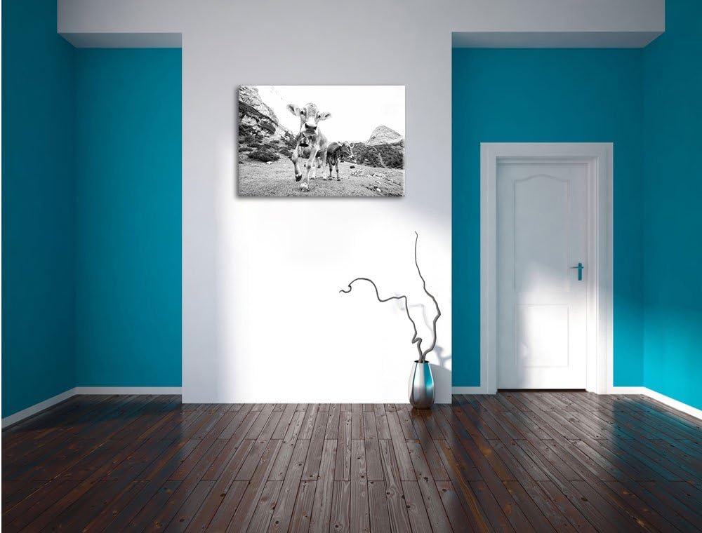 Pixxprint Almkuh auf der Weide Kunst B&W als Leinwandbild/Grösse: 100x70 / Wandbild/Kunstdruck/ferti