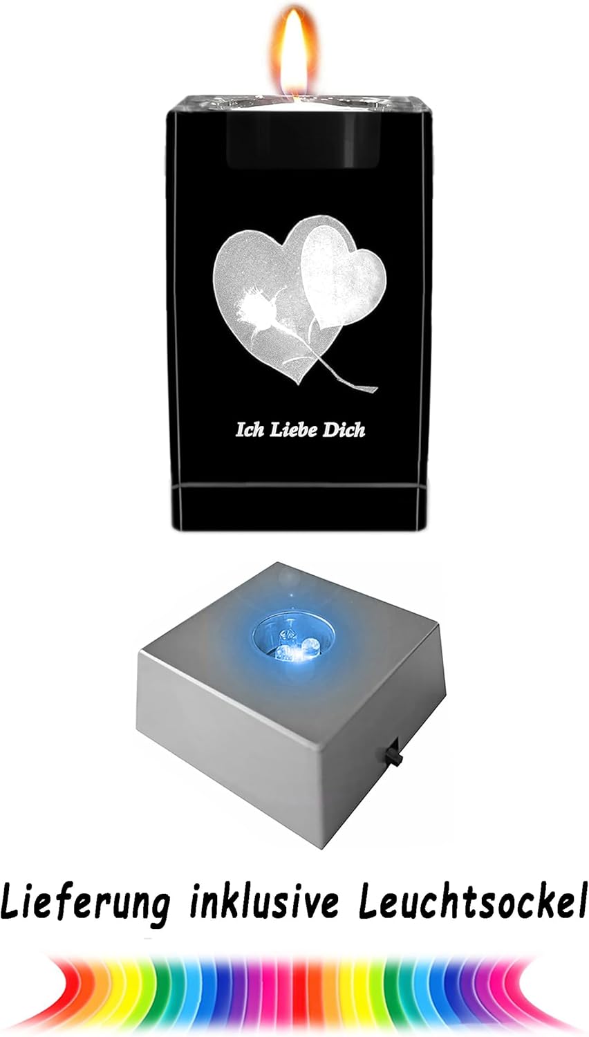 Kaltner Präsente Stimmungslicht LED Kerze/Kristall Glasblock / 3D-Laser-Gravur Teelichthalter Herz R
