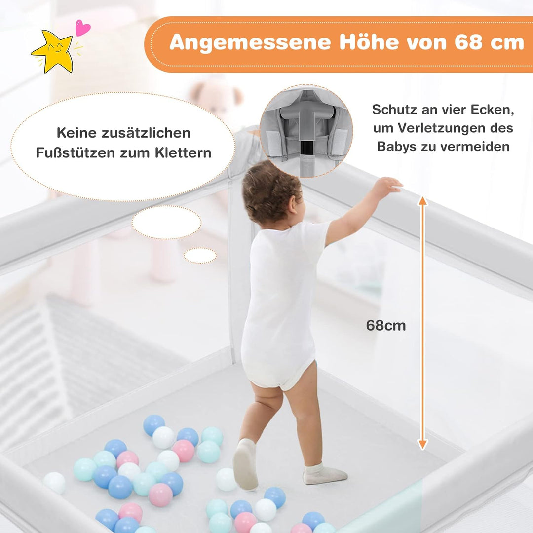 DREAMADE 120 x 120 cm Laufstall Baby, Laufgitter mit 50 Spielbällen & 2 Zugring, Schutzgitter mit At