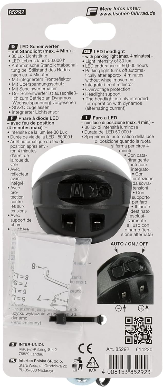 Fischer Fahrrad Dynamo LED-Frontlicht 30 Lux, mit Standlicht, StVZO-zugelassen