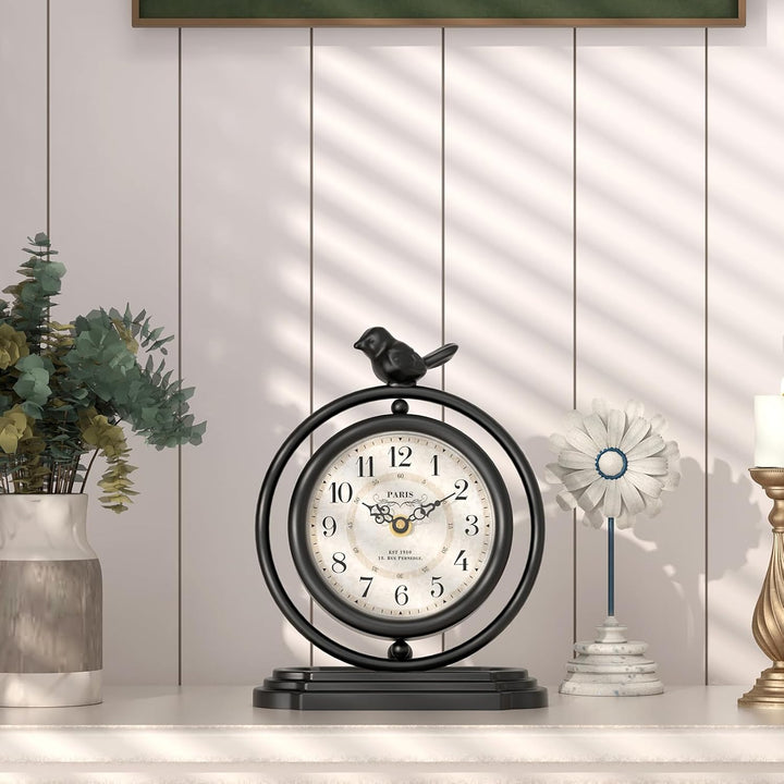 Schwarze Vintage-Tischuhr mit Vogel, europäischer Retro-Stil, Kaminuhr, Schreibtisch- und Regaldekor