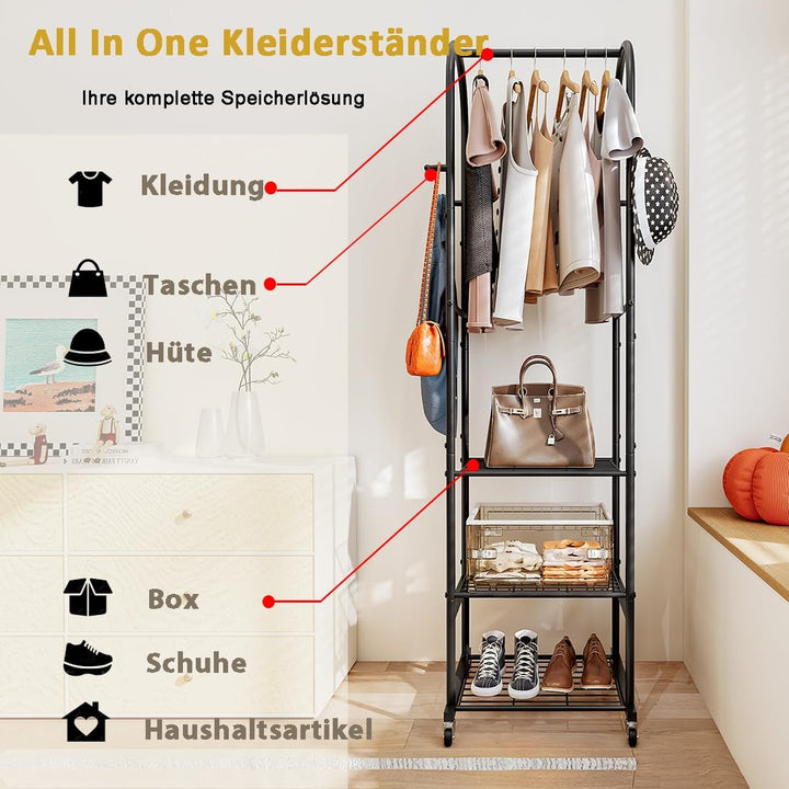 Kleiderständer mit Rädern und 3-stufigen Metallböden, Kleiderstangen zum Aufhängen von Kleidung mit