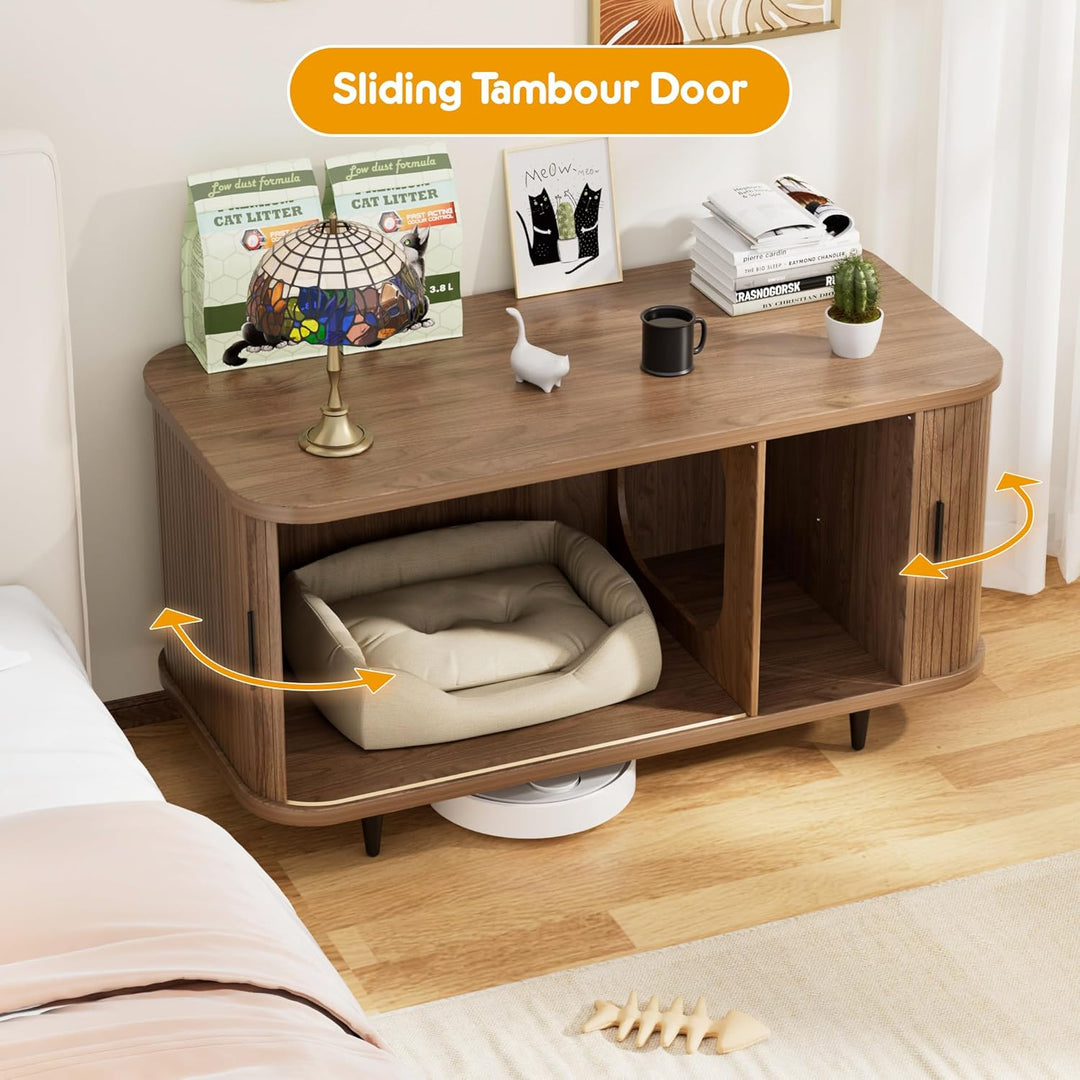 BACEKOLL Katzenklo Schrank mit Rollo-Tür Design, Mid-Century Katzenschrank Holz für grosse Katzen, V