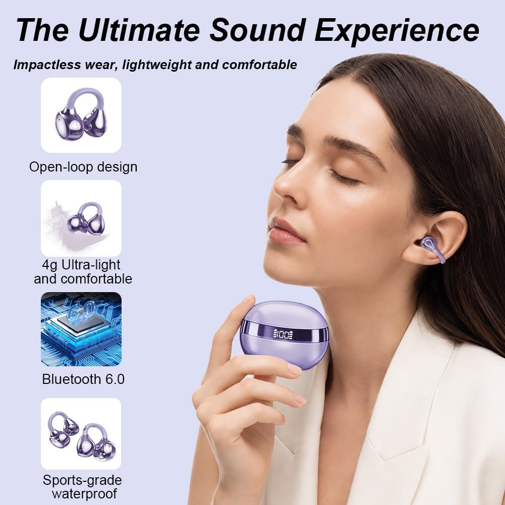 Clip-on Open-Ear Bluetooth-Kopfhörer Wireless,Bluetooth 6.0,60 Stunden Ultra-Lange Akkulaufzeit,Komf
