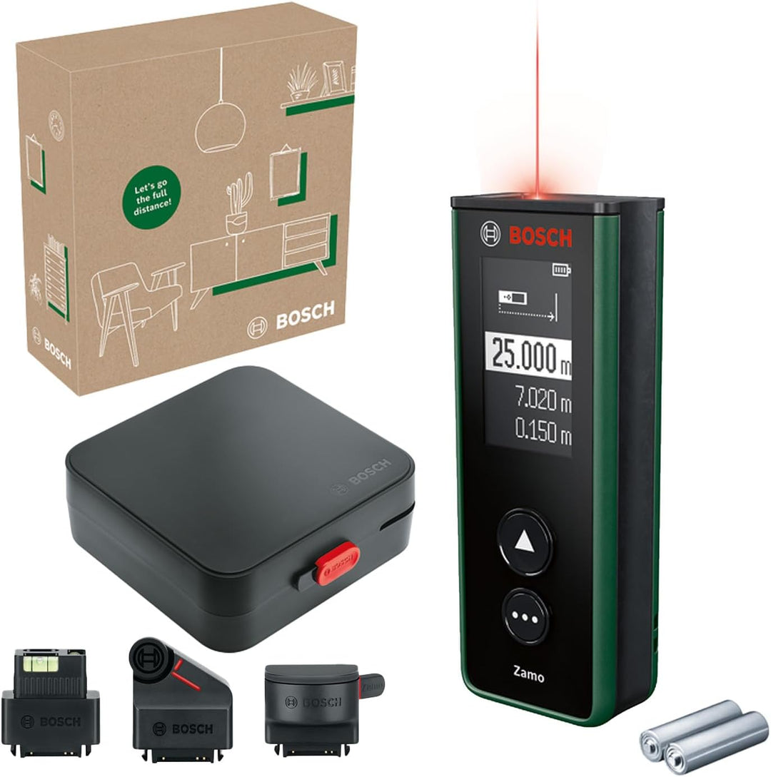 Bosch Laser-Entfernungsmesser Zamo der 4. Generation mit 3 Aufsätzen (einfaches und präzises Messen