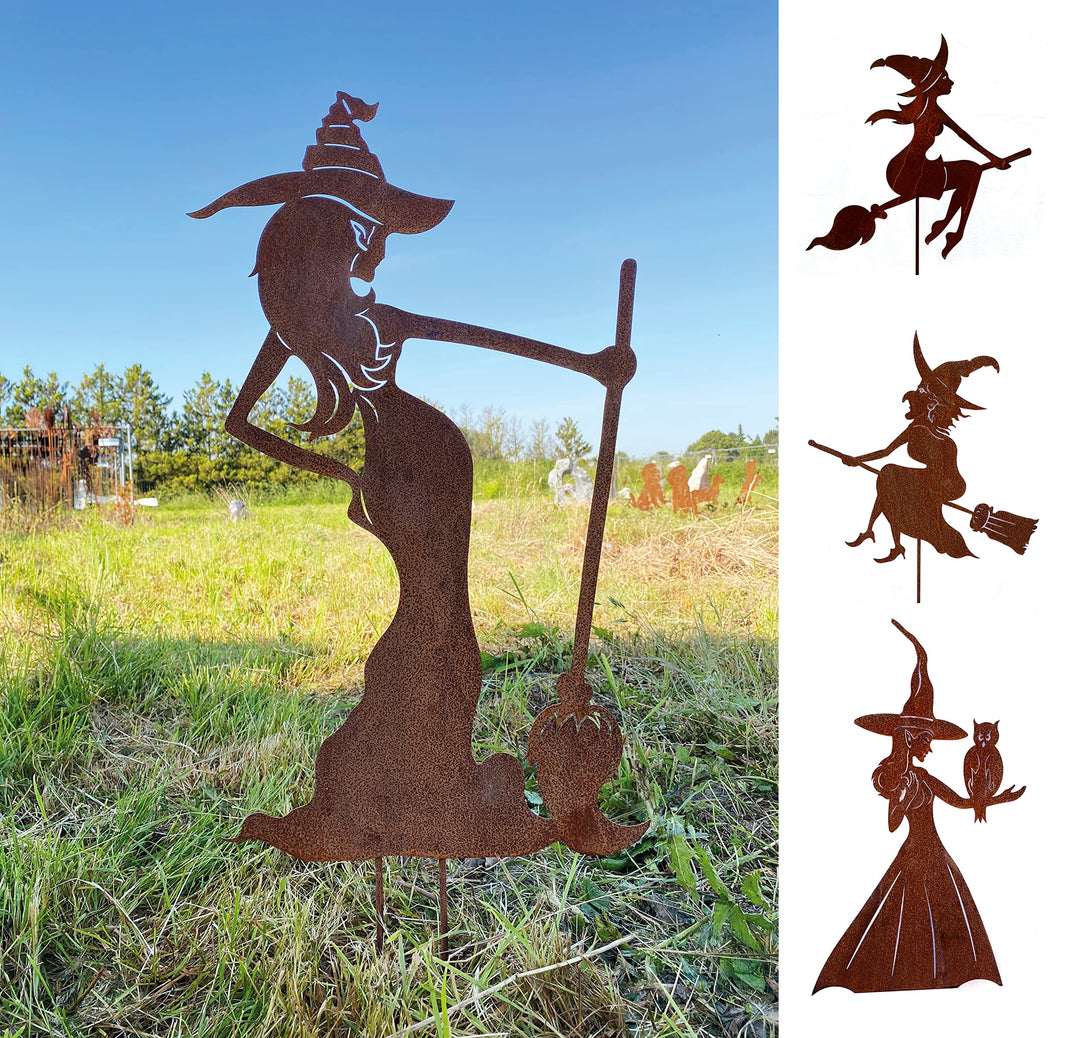 Gartenfigur Sexy Hexe stehend mit Besen klein 40x23cm Gartenstecker Edelrost Gartendeko Wetterfest R