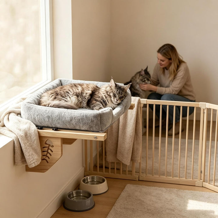 Katzen Fensterbett Sonnenliegeplatz Mit Flauschigem Plüschkissen Und Einem | Katzen Fenstersitzplatz
