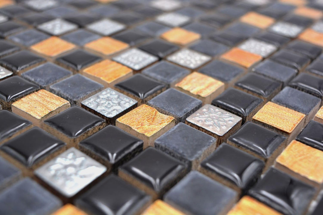 Mosaik Quadrat Resin/Stein mix schwarz mit kupfer Glasmosaik Rustikal, Mosaikstein Format: 15x15x8 m