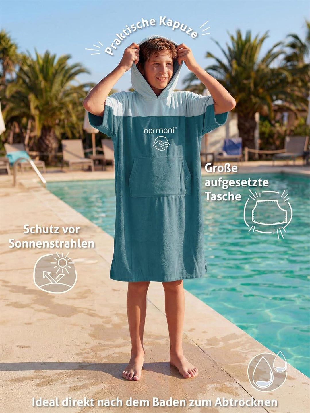normani Teenager Frottee Badeponcho aus Bio-Baumwolle für Jungen und Mädchen - Strandponcho Surfer P