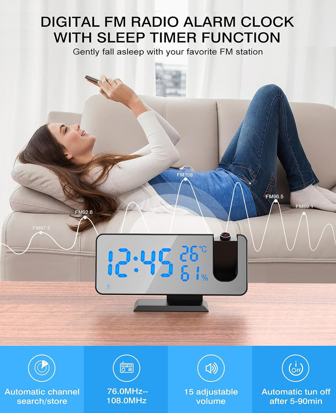 ShinePick Projektionswecker, Digital Wecker mit Projektion, Radiowecker mit USB-Anschluss Snooze Dua