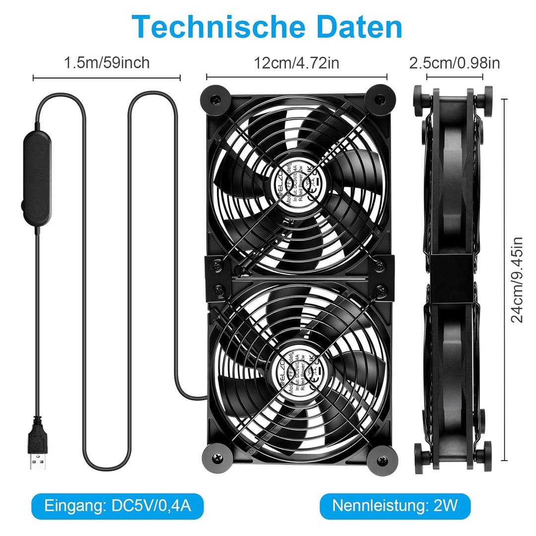 ELZO USB Ventilator, USB PC Lüfter 120mm 5V mit Stufenlose Geschwindigkeitsregelung, Leise Mini Tisc