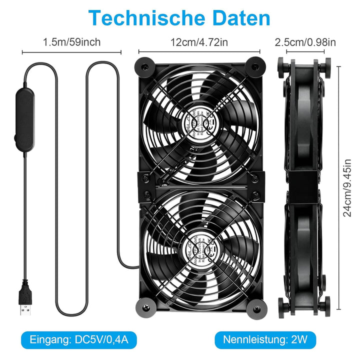 ELZO USB Ventilator, USB PC Lüfter 120mm 5V mit Stufenlose Geschwindigkeitsregelung, Leise Mini Tisc