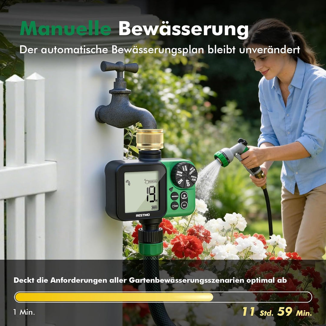 RESTMO 1-Zonen Bewässerungscomputer, Bewässerungsuhr für Garten | grosses Display, automatisch/manue