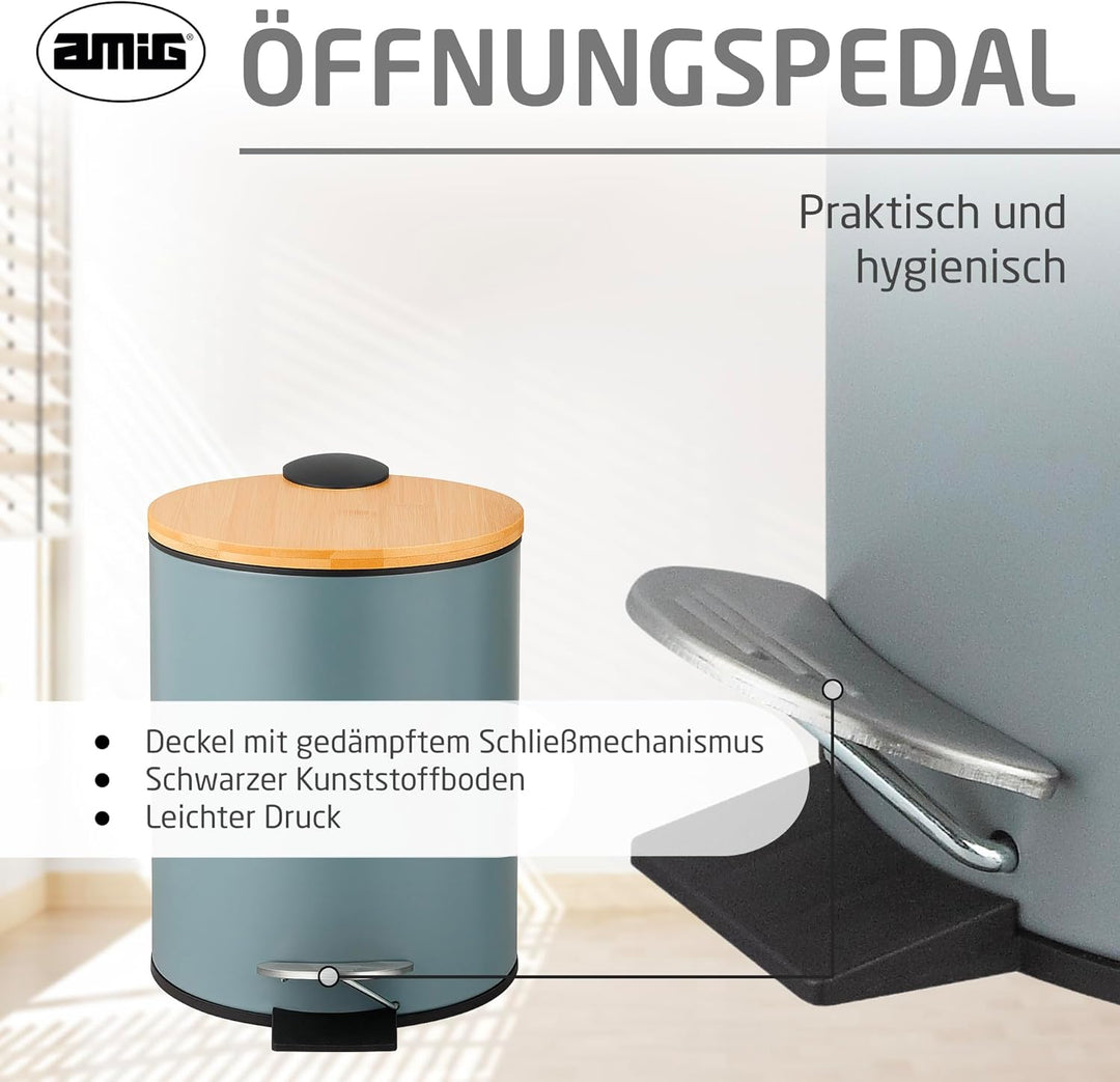Amig – Kosmetikeimer mit Pedal 3L Naturline – Grau und Bambus – Hygienische Öffnung – Ø16,8 x 23 cm