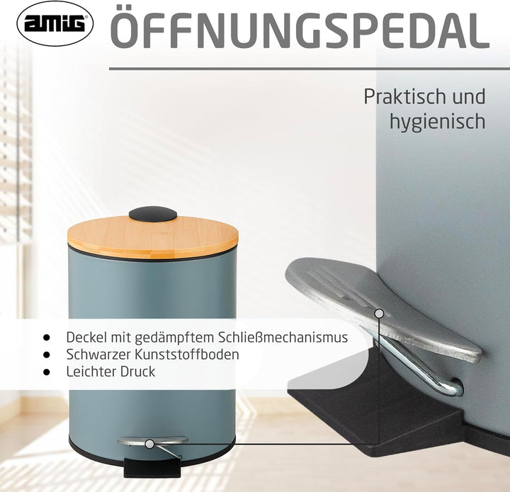 Amig – Kosmetikeimer mit Pedal 3L Naturline – Grau und Bambus – Hygienische Öffnung – Ø16,8 x 23 cm