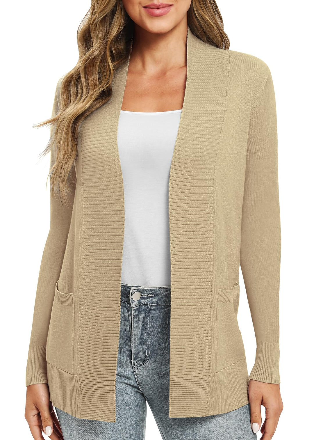 EXCHIC Damen Lange Ärmel Gestrickt Strickjacke Leicht Gemütlich Offene Vorderseite Lange Freizeitjac