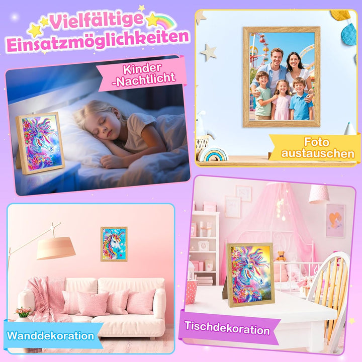 Geschenke Mädchen 5 6 7 8 9 10 11 Jahre Diamond Painting Kinder Einhorn Nachtlicht Bilderrahmen, Bas
